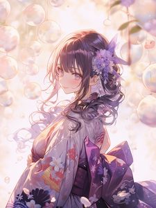 Preview wallpaper girl, smile, flower, kimono, purple, anime