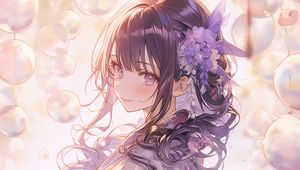 Preview wallpaper girl, smile, flower, kimono, purple, anime