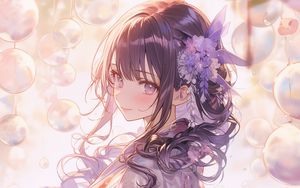 Preview wallpaper girl, smile, flower, kimono, purple, anime
