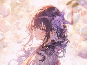 Preview wallpaper girl, smile, flower, kimono, purple, anime