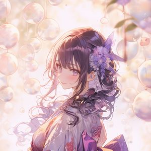 Preview wallpaper girl, smile, flower, kimono, purple, anime