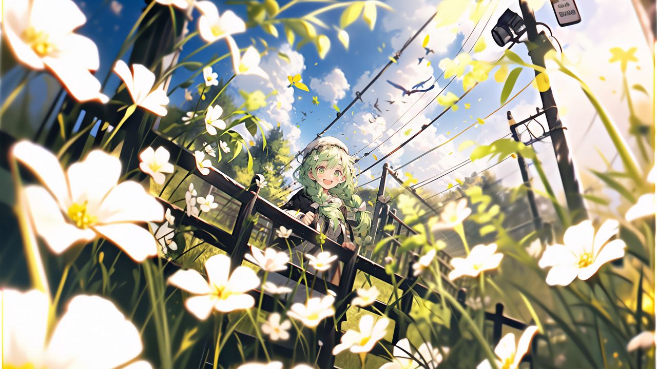 Wallpaper girl, smile, flowers, field, hedge, summer, anime