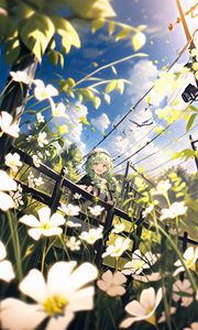 Preview wallpaper girl, smile, flowers, field, hedge, summer, anime