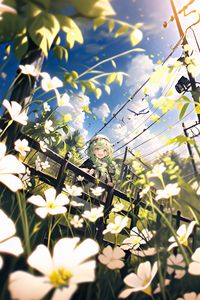 Preview wallpaper girl, smile, flowers, field, hedge, summer, anime