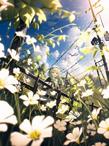 Preview wallpaper girl, smile, flowers, field, hedge, summer, anime