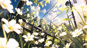 Preview wallpaper girl, smile, flowers, field, hedge, summer, anime
