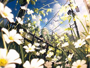 Preview wallpaper girl, smile, flowers, field, hedge, summer, anime