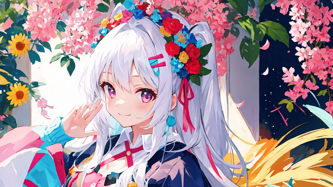 Wallpaper girl, smile, flowers, wreath, hairpin, dress, anime, bright