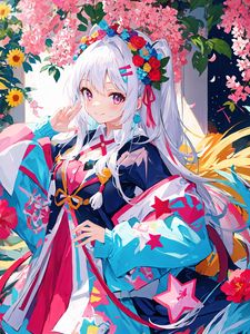 Preview wallpaper girl, smile, flowers, wreath, hairpin, dress, anime, bright