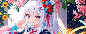 Preview wallpaper girl, smile, flowers, wreath, hairpin, dress, anime, bright