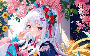 Preview wallpaper girl, smile, flowers, wreath, hairpin, dress, anime, bright
