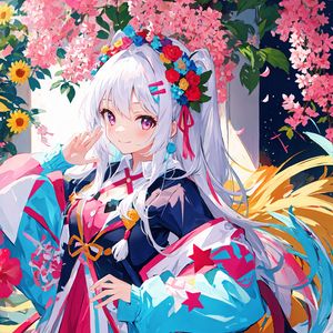 Preview wallpaper girl, smile, flowers, wreath, hairpin, dress, anime, bright