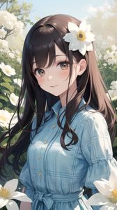 Preview wallpaper girl, smile, flowers, dress, anime