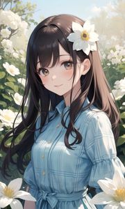 Preview wallpaper girl, smile, flowers, dress, anime