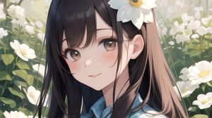 Preview wallpaper girl, smile, flowers, dress, anime