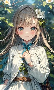 Preview wallpaper girl, smile, flowers, leaves, art, anime