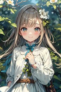 Preview wallpaper girl, smile, flowers, leaves, art, anime
