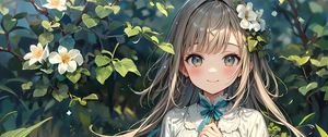 Preview wallpaper girl, smile, flowers, leaves, art, anime