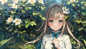 Preview wallpaper girl, smile, flowers, leaves, art, anime