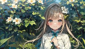 Preview wallpaper girl, smile, flowers, leaves, art, anime