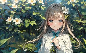 Preview wallpaper girl, smile, flowers, leaves, art, anime