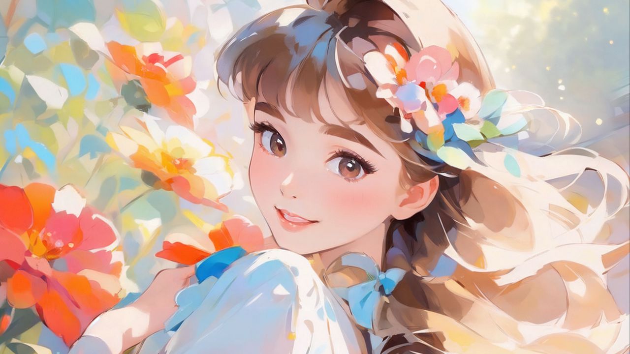 Wallpaper girl, smile, flowers, art, anime