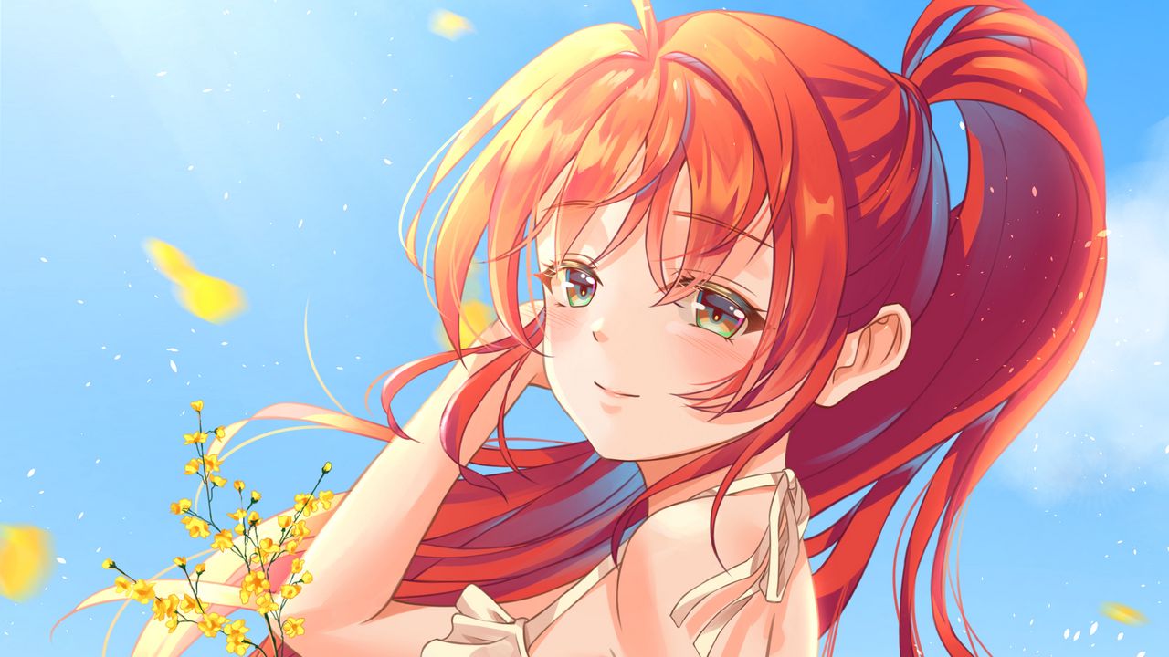 Wallpaper girl, smile, flowers, field, anime, art