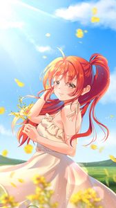 Preview wallpaper girl, smile, flowers, field, anime, art