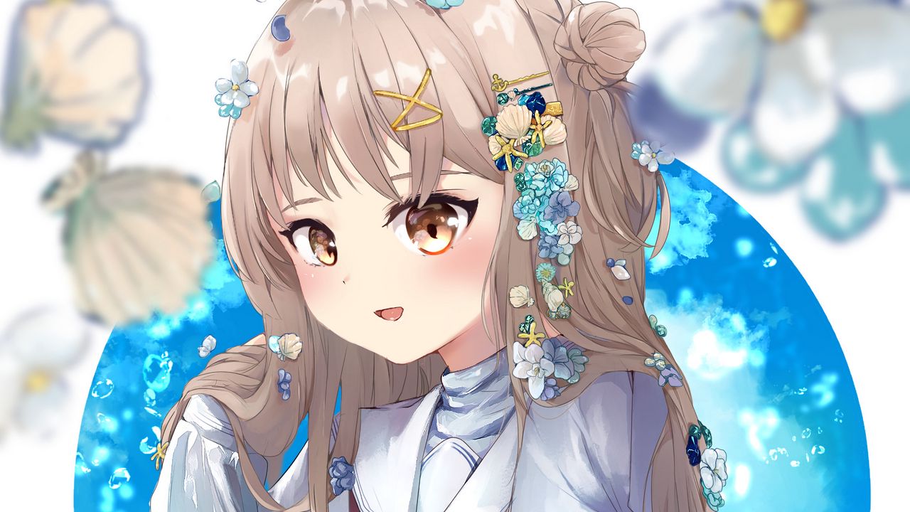 Wallpaper girl, smile, flowers, jewelry, anime, art