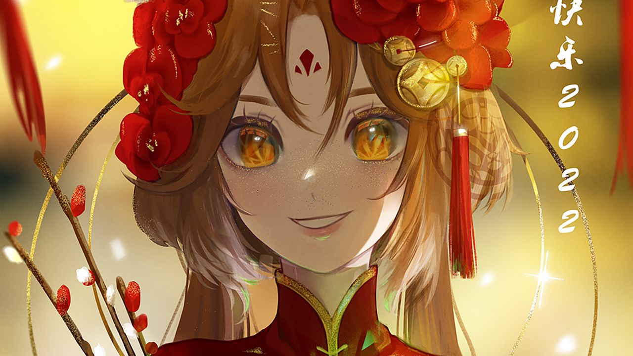 Wallpaper girl, smile, flowers, anime, red