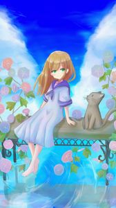 Preview wallpaper girl, smile, flowers, cat, anime