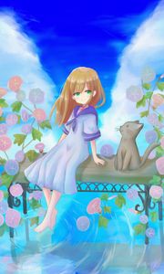 Preview wallpaper girl, smile, flowers, cat, anime