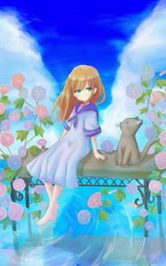 Preview wallpaper girl, smile, flowers, cat, anime