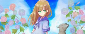 Preview wallpaper girl, smile, flowers, cat, anime