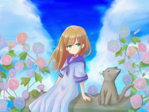 Preview wallpaper girl, smile, flowers, cat, anime