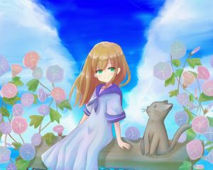 Preview wallpaper girl, smile, flowers, cat, anime