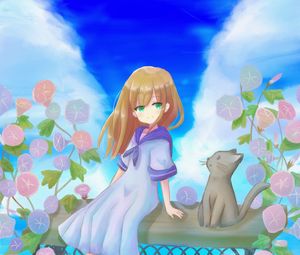 Preview wallpaper girl, smile, flowers, cat, anime