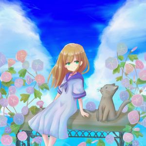 Preview wallpaper girl, smile, flowers, cat, anime