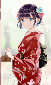 Preview wallpaper girl, smile, flowers, kimono, anime