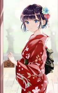 Preview wallpaper girl, smile, flowers, kimono, anime