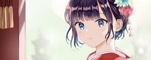Preview wallpaper girl, smile, flowers, kimono, anime