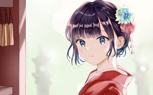 Preview wallpaper girl, smile, flowers, kimono, anime