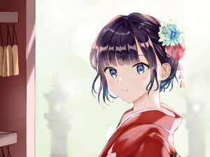 Preview wallpaper girl, smile, flowers, kimono, anime