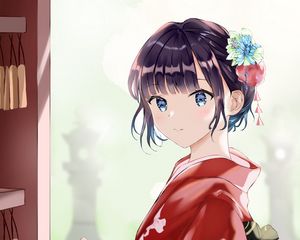 Preview wallpaper girl, smile, flowers, kimono, anime