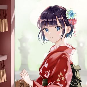 Preview wallpaper girl, smile, flowers, kimono, anime