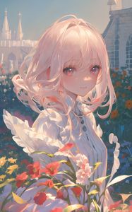 Preview wallpaper girl, smile, flowers, building, anime