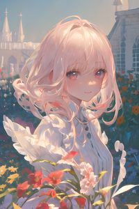 Preview wallpaper girl, smile, flowers, building, anime