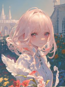 Preview wallpaper girl, smile, flowers, building, anime