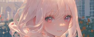 Preview wallpaper girl, smile, flowers, building, anime
