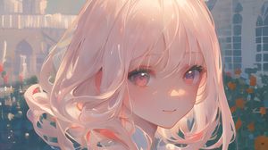 Preview wallpaper girl, smile, flowers, building, anime